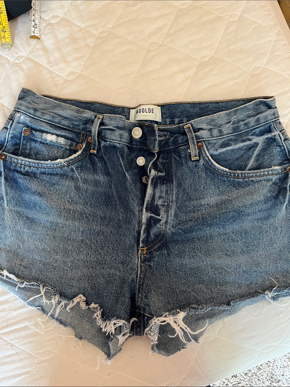 Agolde Distressed High-Rise Denim Cutoff Shorts in Dark Blue Wash
